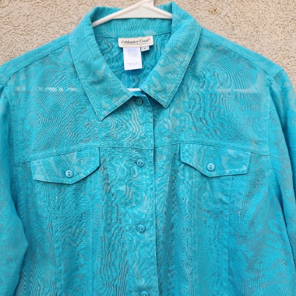 Coldwater Creek Top Women's Large Blue Floral Linen Rayon Blend Blouse - Picture 2 of 10